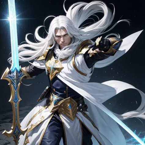 Paladin of God in 3D full body in attack position long hair white hair color white eyes without beard who has a luminous sword in his right hand and in his left hand he has a shield