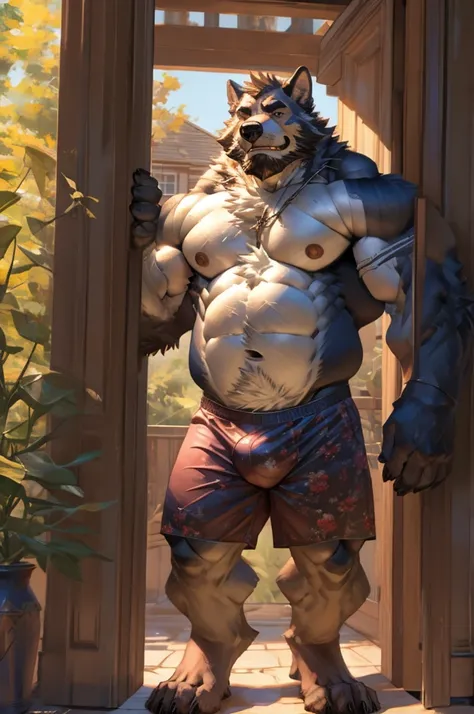 Bara, Solo, by Taran Fiddler, muscular male, mature age, middle-aged, furry male, canine, white fur, beard, shirtless, red boxers, clothing is slipping off waist ((bulge outline, dripping)), bulge, pulling up boxers, standing on doorstep, leaning against d...