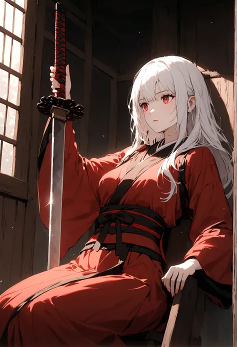 White hair woman with red eyes in black and red dress swings the samurai sword in her hand with a solemn atmosphere