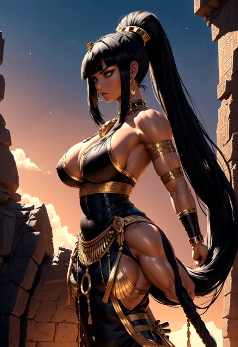 Cleopatra with extreme muscular body, gigantic muscular arms, gigantic muscular tights, samurai outfit, fair skin, black hair with ponytail and gigantic breasts.