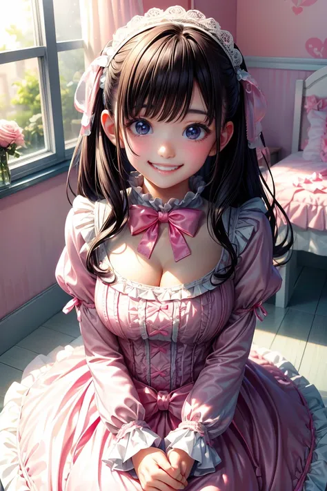 (Highest quality、masterpiece、8K、Best image quality、Hyperrealism、Award-winning works)、One Lolita girl、(alone:1.1)、(1 photo:1.1)、(Cute and girly light pink ruffled open chest lolita dress:1.2)、Girly lace decoration、Cute frill decoration、Cute wavy hair、(Low l...