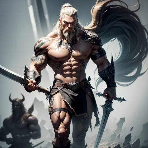 Black Viking left arm tattoo design, a full body muscular viking man, showing muscular legs, holding sword with right hand, holding a Thor&#39;s hammer with lightning in his left hand, brown hair divided with bangs, perfect realistic blue eyes, wearing war...