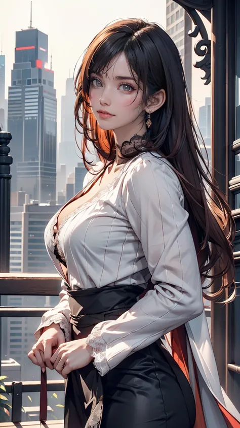 24-year-old woman、Sexy proportions、Narrow waist、slender、Sexy、Multi-colored hair、High-necked lace dress、Long sleeves（Covered to the fingertips）、Longer length、Low rise leggings、Touching your hair、Background of skyscrapers so tall you can look up