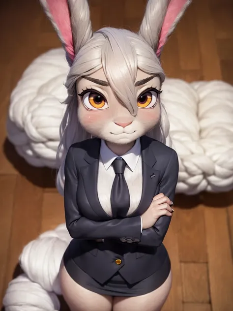 best quality, masterpiece, 3D anime, (((solo))), (((1girl))),  ((Face is JudyHopps)), (long ears like a rabbit:0.8), Heir is beige bobheir style, Body is human lady, mini skirt suit, (two-piece suit:0.5), office business suit stlye, (the suit is made of wo...