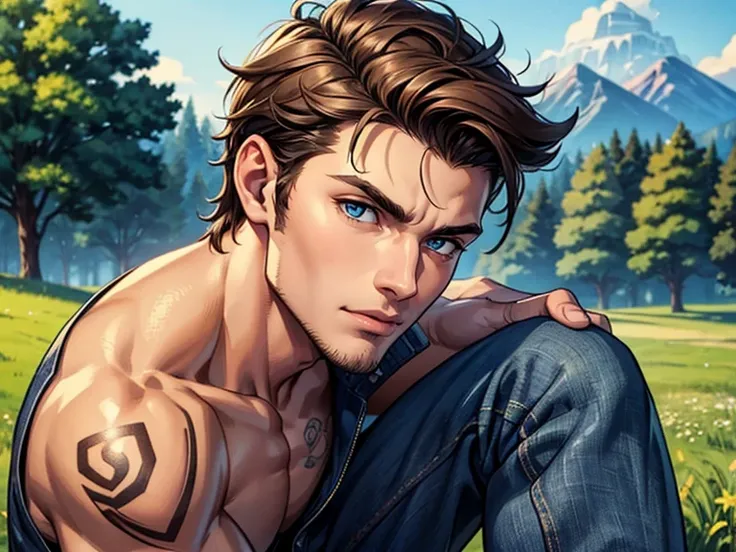 Close-up of Man, Age 25, Sculpted and built, ruggedly good looking, well kept, he has some tattoos, light brown hair, a robust and sharp jawline, bright blue eyes, a narrow nose, and thin lips, wearing a black button-up shirt with the front open, showing h...