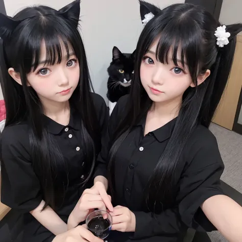 girl。Black straight long hair。Black cat ears。eyes are dark blue。The clothes are black。Eating rice balls。Anime Style。