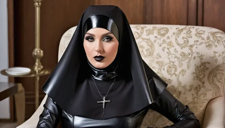 An evil, sexy, hypnotizing nun. The face of a mannequin. She is wearing a "black latex veil", a tight-fitting "hijab", "black leather high-heeled boots" and "black leather gloves". Hes sitting in an armchair.