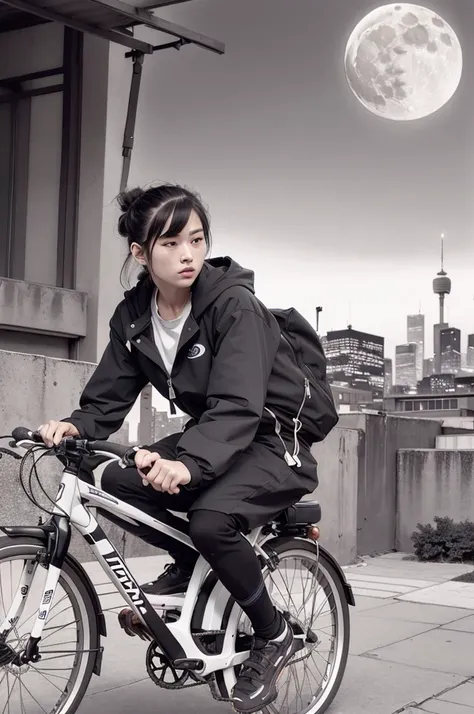 Highest quality, masterpiece, photograph, 4K, photographrealistic, Very detailed, One girl riding a bike, Techwear, Cyberpunk City, alone, Futuristic, Huge moon in the background, Black and White, by Akira Toriyama, close,