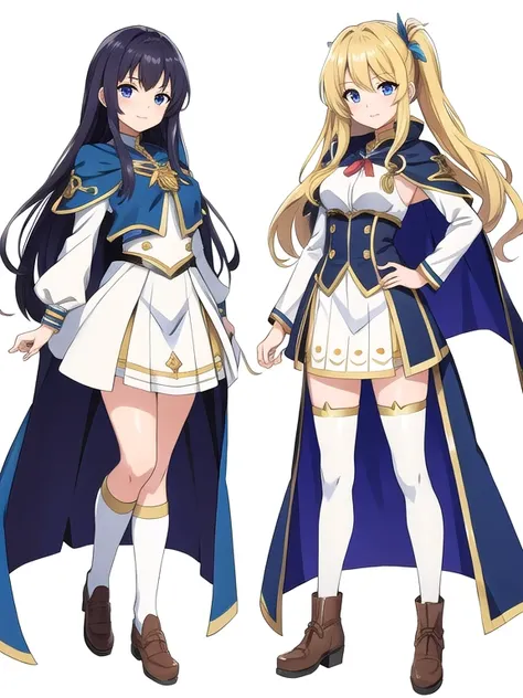 masterpiece, best quality, 2 girls,  variety of hairstyles, fantasy costume, ((white background)), full body, multiple views, anime style, uniform, cape,