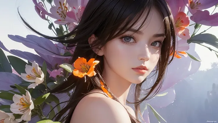 32k, Masterpiece, Highest quality, One girl, Detailed eyes, flower,Alstroemeria, White and orange style,A dreamy, romantic piece,Pale purple, Mysterious Leaves,A playful arrangement,Fantasy,High Contrast,Ink strokes,explosion,Exposure, Impression of white ...