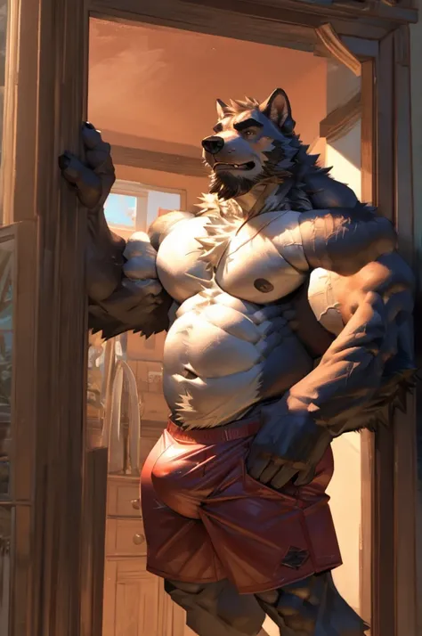 Bara, Solo, by Taran Fiddler, muscular male, mature age, middle-aged, furry male, canine, white fur, beard, shirtless, red boxers, clothing is slipping off waist ((bulge outline, dripping)), bulge, pulling up boxers , leaning against doorframe, body is aga...