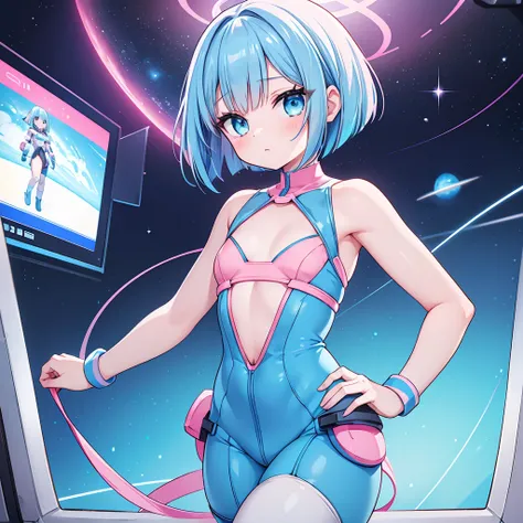 An android woman, flat chest, cute face, blue hair and blue eyes, bob cut hair, full body, thin waist, pink-light blue pants, wearing a pink-light blue shirt, blue shoes, perfect thighs, sfw, on a space station, sfw, space themed, android, hair has pink hi...