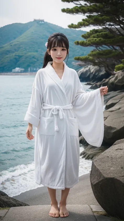 bathrobe、best quality、japanese girl、from below、sea shore、sexy