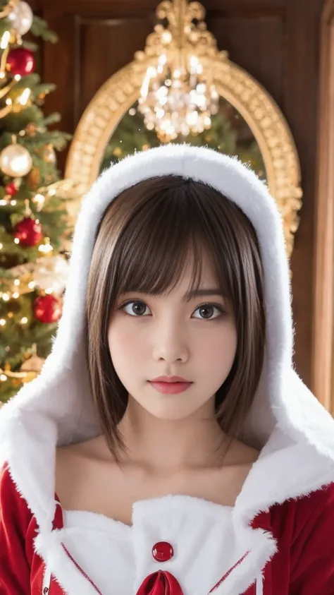 1girl, santa claus costume slim fit, Orgasm,symmetry, ultra cute 10yearsold girl, ultra short hair, beautiful detailed eyes, beautiful detailed lips, extremely detailed face and portrait, longeyelashes, concept art, digital painting, 8k, hyper detailed, ma...