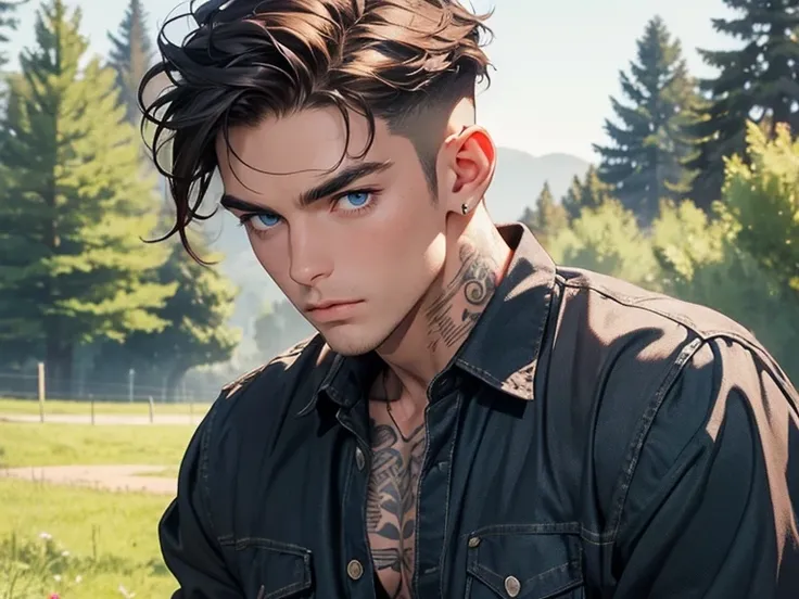 Close-up of Man, Age 25, Sculpted and built, ruggedly good looking, well kept, he has some tattoos, light brown hair, a robust and sharp jawline, bright blue eyes, a narrow nose, and thin lips, wearing a black button-up shirt with the front open, showing h...