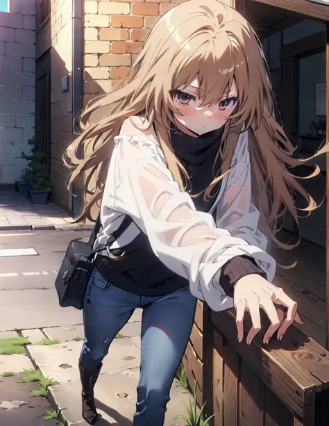 taiga aisaka, taiga aisaka, long hair, brown hair, brown eyes,one-shoulder sweater,skinny jeans,short boots,daytime,clear skies,...