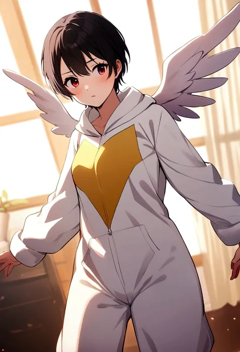 Girl with short black hair, red eyes, winged UA costume, Shoto Todoroki 