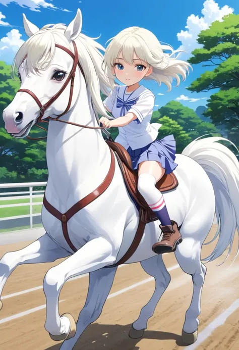 A Japanese high school girl in anime style riding a horse. Her hair is white and she is wearing white summer socks.