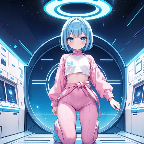 An android woman, flat chest, cute face, blue hair and blue eyes, bob cut hair, full body, thin waist, pink-light blue pants, wearing a pink-light blue shirt, blue shoes, perfect thighs, sfw, on a space station, sfw, space themed, android, hair has pink hi...