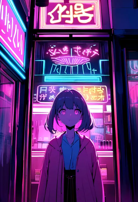 Neon lights illuminating the night cityscape, melodramatic Japanese lo-fi, brightly colored neon, a girl standing in front of a store, close-up