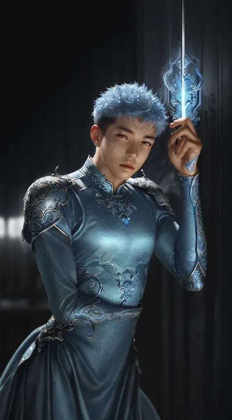 a close up of a young man in a silver and blue dress, chengwei pan on artstation, by yang j, detailed fantasy art, stunning char...