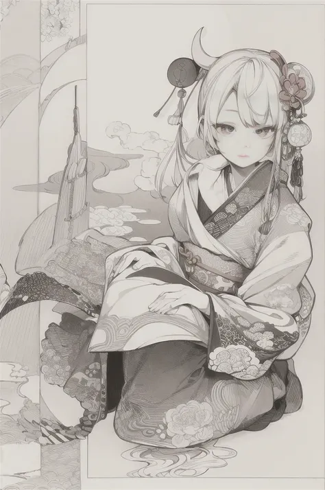 best quality, masterpiece, photo, 4K, photorealistic, highly detailed, huge moon in the background, black and white, closeup, Create a realistic ukiyo-e illustration of a cute girl in a kimono that conveys Japanese culture in various poses with a Japanese ...