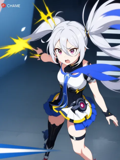 1girl, anime girl, silver hair, long twintails, silver eyes, rage face, honkai, anime screencap