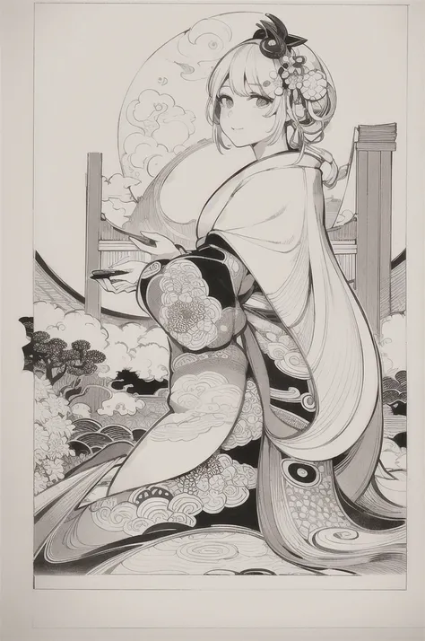 best quality, masterpiece, photo, 4K, photorealistic, highly detailed, huge moon in the background, black and white, closeup, Create a realistic ukiyo-e illustration of a cute girl in a kimono that conveys Japanese culture in various poses with a Japanese ...