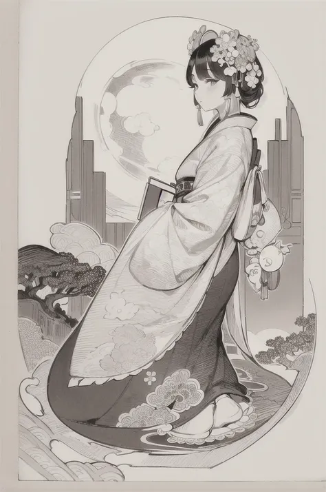 best quality, masterpiece, photo, 4K, photorealistic, highly detailed, huge moon in the background, black and white, closeup, Create a realistic ukiyo-e illustration of a cute girl in a kimono that conveys Japanese culture in various poses with a Japanese ...