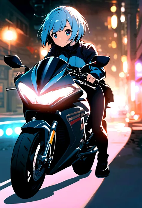 The girl who is from anime short hair cholo suit vicolor eyes on a motorcycle 