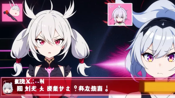 1girl, anime girl, silver hair, long twintails, silver eyes, rage face, honkai, anime screencap