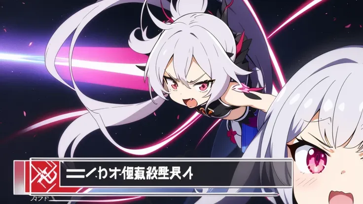 1girl, anime girl, silver hair, long twintails, silver eyes, rage face, honkai, anime screencap