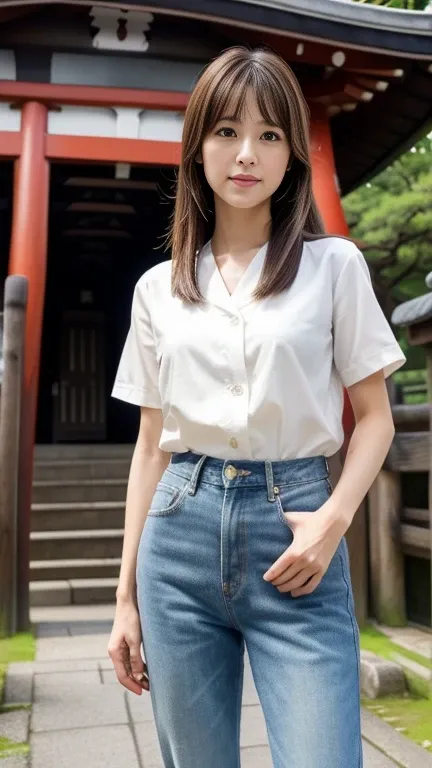 looking at viewer, Full body , standing, from front view, on road, Japanese Girls ,(30-year-old),(Detailed face, Beautiful Eyes, bangs ,Light brown straight hair, Faint lips), (Middle chest, Slender Hoist, Middle Hip, Little public hair) ,White brows, blue...