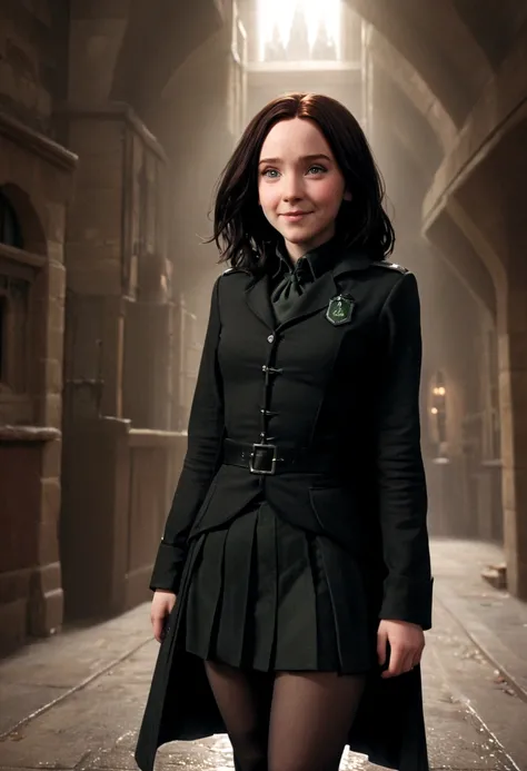 cute, small, short, flat, masterpiece, detailed, high quality, absurdres,  young witch, hija severus snape y lily evans , 1girl, solo, evil grin, curvy, military, military uniform, pussy peak, no panties