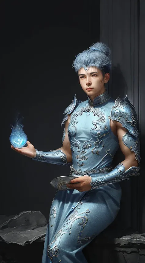 a close up of a young man in a silver and blue dress, chengwei pan on artstation, by Yang J, detailed fantasy art, stunning character art, fanart best artstation, epic exquisite character art, beautiful armor, extremely detailed artgerm, detailed digital a...