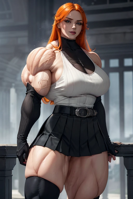 ((((Massive tall, beautiful, buff, sweating, l pale white skinned muscular woman with orange hair, black lipstick, ginormous bulky muscles and wearing a beautiful black long-sleeved blouse with a beautiful long pleated skirt)))), (close view), massive musc...