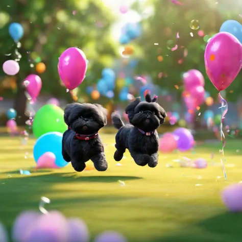 2 adorable black shih tzus chasing bunnies at park with bubbles and balloons in back ground