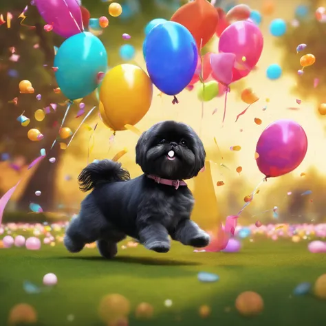 2 adorable black shih tzus chasing bunnies at park with bubbles and balloons in back ground