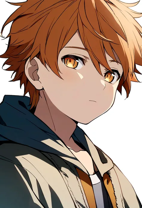 Create an anime image of a 12-year-old boy with curly, orange hair, light skin and hazel eyes