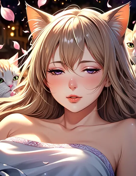 (Harem Manga style:1.2) , Hallucination, daydream , nightmare , Insane Dream , bokeh , erotica , romance ,  nudity girl and realistic cat , Petals fluttering down , (Single eyelids, round nose, swollen cheeks) , glossy lips , Collarbone , Hair blowing in t...