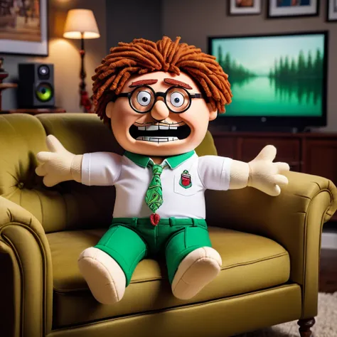 (knitted toy voodoo doll:1.6), (Voodoo Peter Griffin:1.3), (Clothes white shirt, green pants, round glasses:1.2), silly smile, (in the background a living room with a sofa, TV and family photos:1.2), best quality, masterpiece, detailed soft oil painting, d...