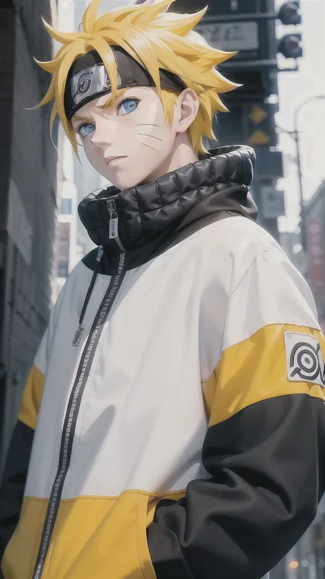 Masterpiece, 1boy, Superb Style, streetwear Supreme chothes, Outdoor, Upper Body, Uzumaki Naruto, blue eyes, yellow hair, cool boy