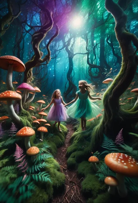 a fantastic and colorful illustration showing a group of children playing and exploring in a magical forest. trees have unusual ...