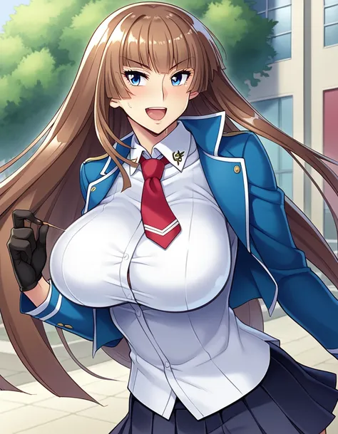 score_9, score_8_up, score_7_up, score_6_up, source_anime, aoi_nagisa_(metalder), BREAK solo, 1girl, koukawa asuka, brown hair, long hair, blue eyes, bangs, (huge breasts:0.8), medium body, BREAK (blue_school_jacket, tight clothes:1.2), breasts, black_glov...