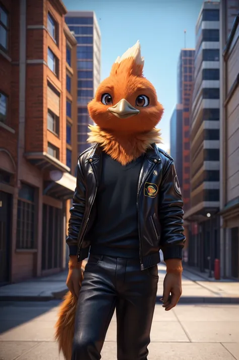 male, bird, Torchic, background, (cinematic lighting:1.1), (perfect focus:1.1), 8k hd, (detailed eyes:1.2),depth of field, bokeh, subsurface scattering, perfect breasts, wide ,((wearing a black jacket with the "LWH" logo on the back and front of the jacket...