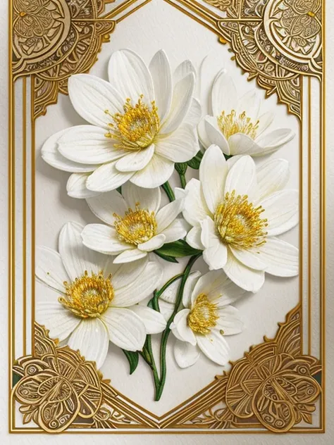 create a stunning and mesmerizing patchworks white flowers background, shimmer and detailed design, gold lines borders, uhd draw...