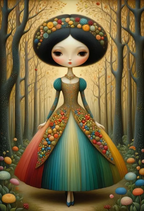 Patchwork by Klimt, Nicoletta Ceccoli, Naoto Hattori, Lawrence Didier, Leonora Carrington of European Woman with short black hair and a long wide skirt,  walks in beautiful forest with strangely shaped trees of many colors, holds flowers and berries in his...