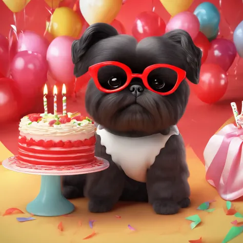 2 adorable small black shih tzus wearing red sunglasses eating cake at a birthday party in the park