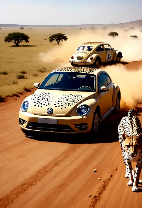 A Volkswagen beetle (Cheetah paint scheme, feline eye headlights, cheetah tail) is chasing an impala on the plains of Africa
