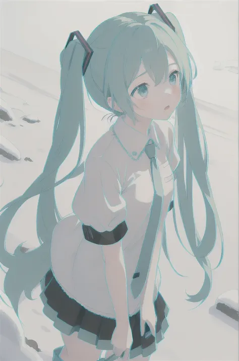 (best quality, masterpiece, highres),1girl,solo,dynamic_angle,
hatsune miku,snow boots,puffy_short_sleeves,cropped torso upper b...